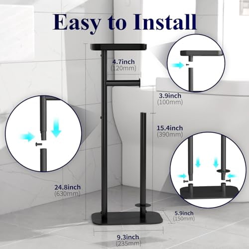 Freestanding Toilet Paper Holder for 4 Rolls with Anti-Slip Base and Storage Shelf, Rustproof Metal Bathroom Organizer for Phone & Essentials, Medium Black