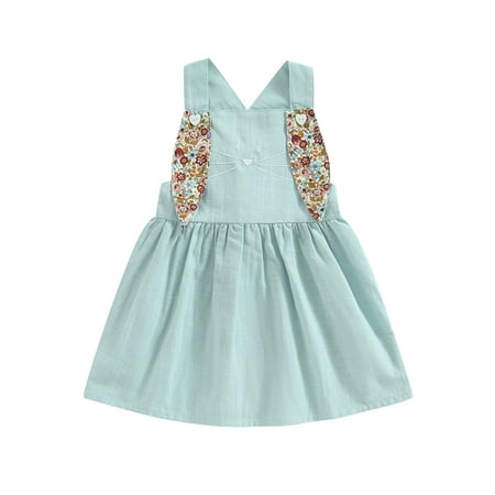 

Toddler Baby Easter Overall Dress Cute Sleeveless Square Neck Bunny Suspender Dress