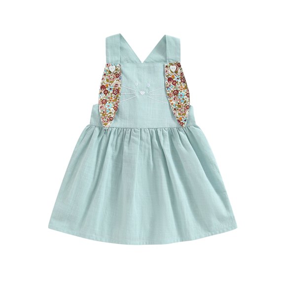 Gureui Little Girls Easter Princess Overall Dress, Baby Sleeveless Square Neck Bunny Embroidery Suspender Dress