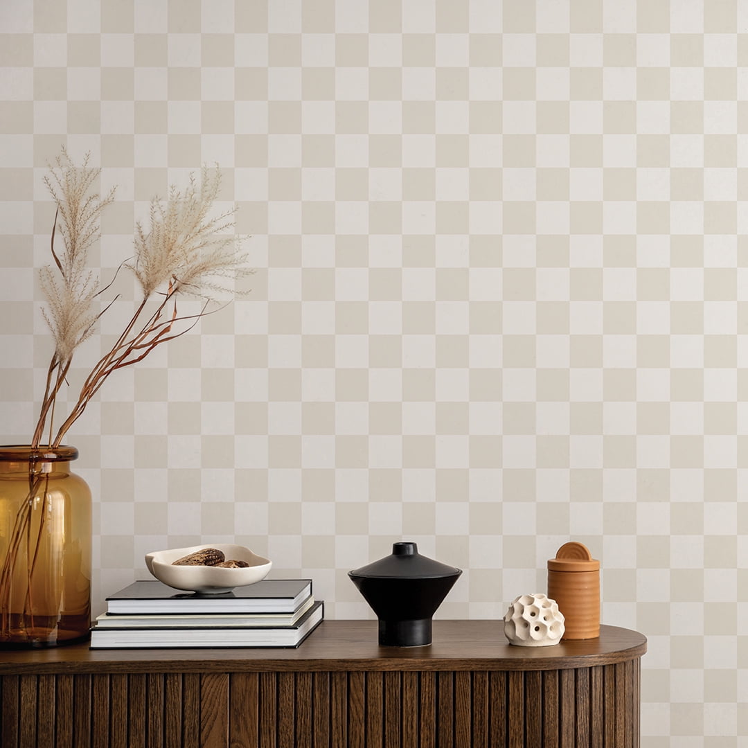 Tempaper Checkmate Beige Peel and Stick Wallpaper, 20.5" x 16.5'
