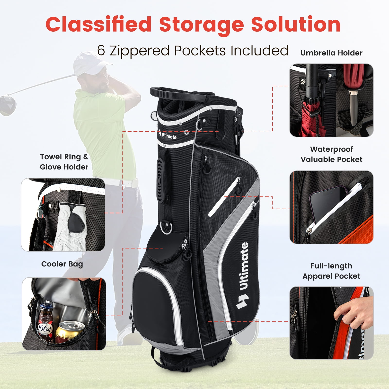 Topbuy 14-Way Top Divider Golf Bag with Stand Lightweight Golf Stand Bag with Dual Shoulder Straps Red