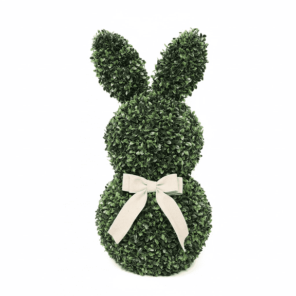 13.78" Easter Bunny Boxwood Topiary - Faux Greenery & Linen Bow, Festive Spring Tabletop Yard Ornament, Seasonal Decor for Easter Home & Indoor/Outdoor Displays