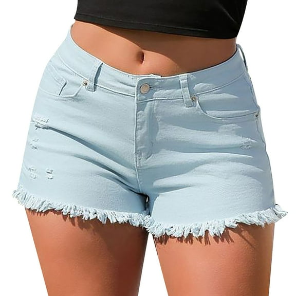 Bunenne Cut Off Jeans Shorts for Women High Waisted Shorts Women Plus Size Jean Shorts Womens Shorts Casual Women's Spring/summer Wash Vintage Worn Solid High Waist Edge Denim Shorts Blue M