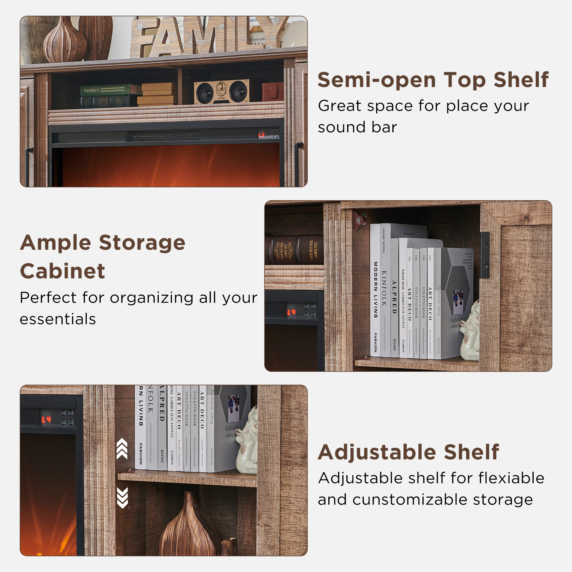 T4TREAM Farmhouse 70" Fireplace TV Stand for TVs up to 80", Entertainment Center W/36" Electric Fireplace Highboy Media Console with Large Storage Cabinets and Drawers for Living Room, Light Brown