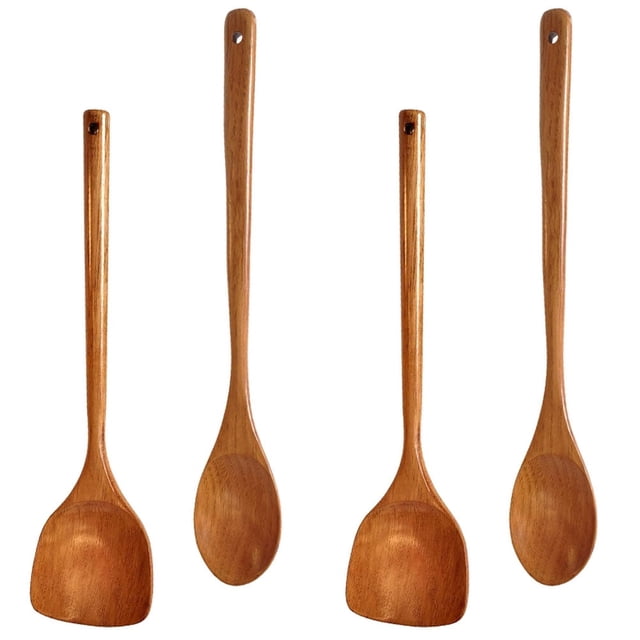 Juego de 2 o 4 utensilios de cocina de madera: cuchara y espátula de mango extra largo de 16,5 pulgadas para cocinar cómodamente, construcción duradera y resistente.