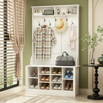 MONSLIPA Wide Entryway Hall Tree with Bench and Storage, 3-in-1 Hall Tree Cabient with 10 Shoe Cubbies & 7 Coat Hooks, Coat Rack with Space Storage, White