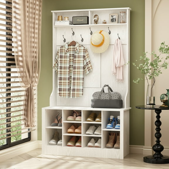 MONSLIPA Wide Entryway Hall Tree with Bench and Storage, 3-in-1 Hall Tree Cabient with 10 Shoe Cubbies & 7 Coat Hooks, Coat Rack with Space Storage, White