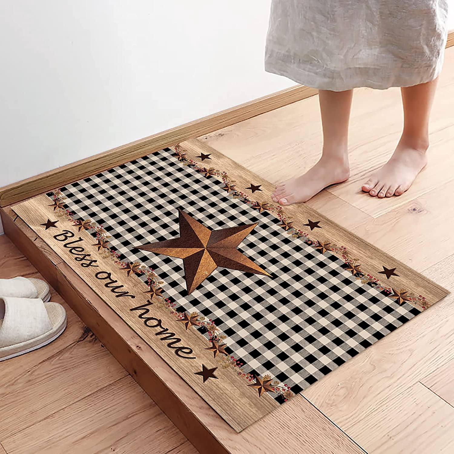 2 Piece Kitchen Rug Set, Farmhouse Black Plaid Non-Slip Floor Mats Absorb Standing Doormat, Vintage Country Star Soft Anti Fatigue Runner Rugs Carpet Sets (18x30+18x48 inch)