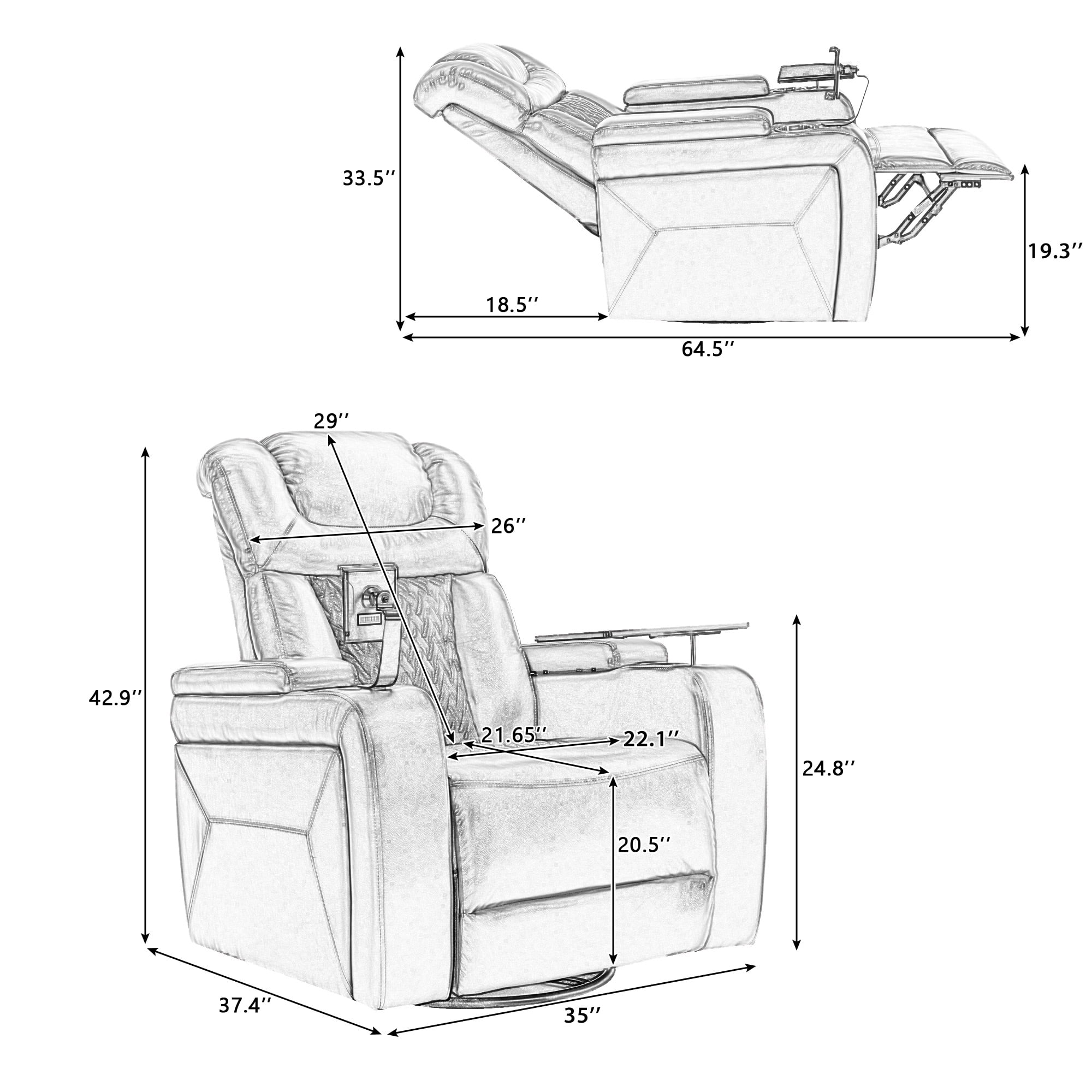 Euroco 270 Degree Swivel PU Leather Power Recliner Individual Seat Home Theater Recliner with Tray Table, Phone Holder, Cup Holder, USB Port, Hidden Arm Storage for Living Room, Red