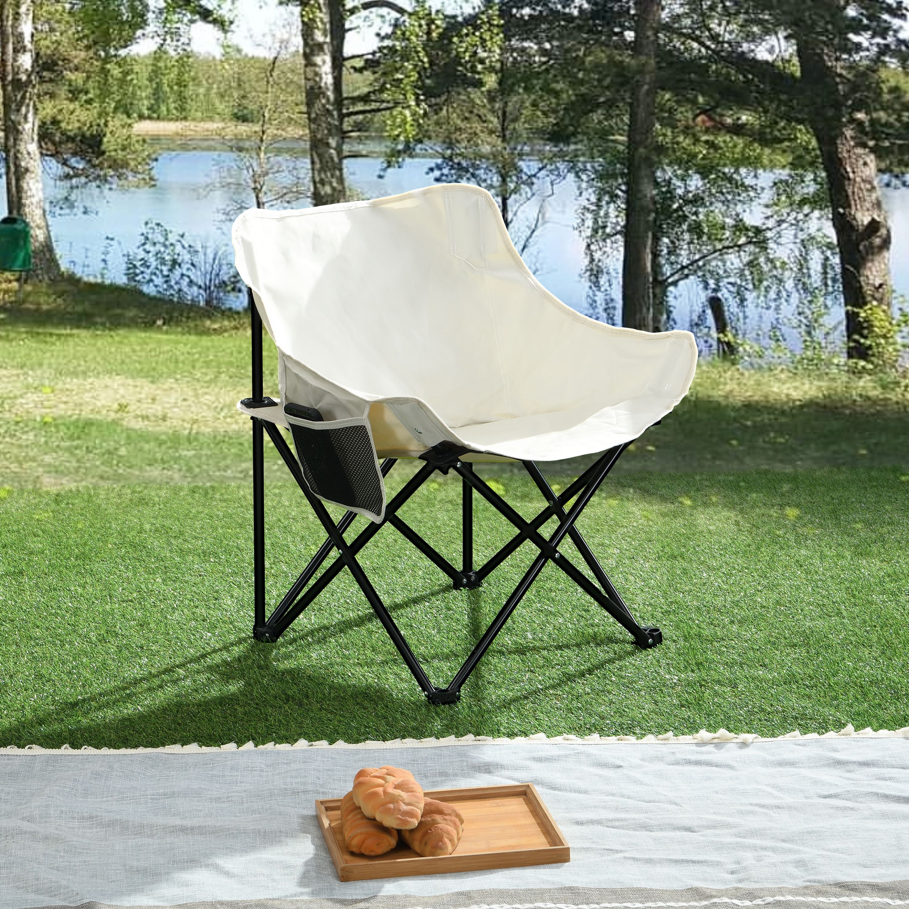 Mintazer 2-Pack Folding Camping Chairs, Collapsible Outdoor Chairs with Side Pocket, Portable Camp Chairs with Carry Bag for Camping Picnics, Beige