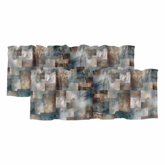 2 Pack Marble Teal Valance for Window Brown Abstract Geometric Lines Kitchen Valance Rod Pocket Short Curtain Topper Decorative Window Treatment for Living Room Bedroom 42"x12"