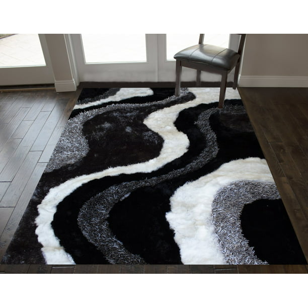 8x10 Black White Gy Fuzzy, Black Furry Living Room Rugs