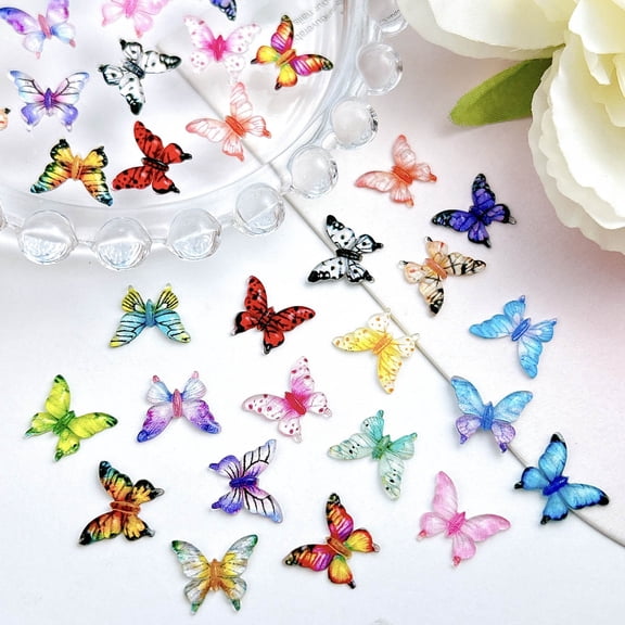 200PCS Dopamine Colored Butterfly Nail Charms Translucent Painted Butterfly Resin Nail Art Decorations for DIY Nail Phone Case Supplies