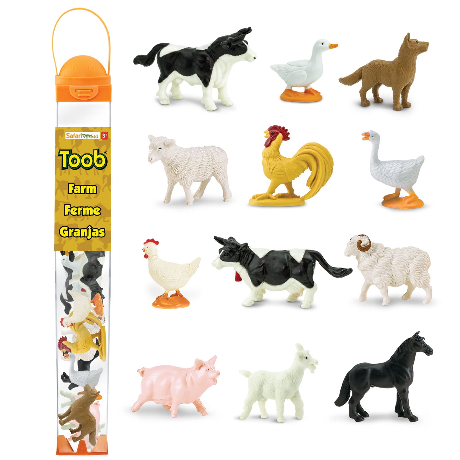 Safari Ltd. Farm TOOB - 12 Mini Figurines: German Shepherd, Pig, Duck, Hen, Rooster, Holstein Bull, Goat, Ewe, Ram, Holstein Cow, Horse - Educational Toy Figures For Boys, Girls & Kids Ages 3+