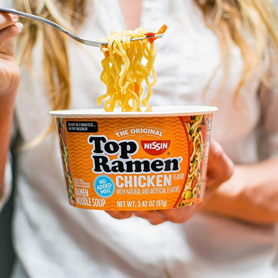 BCL Nissin Top Ramen Bowl Ramen Noodle Soup, Chicken Flavor, 3.42 Ounce Pack of 12 & CUSTOM Storage Carrier with Cutlery