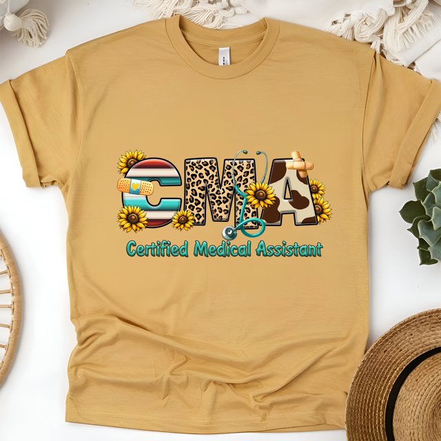 Cute CMA T-Shirt | Medical Assistant Appreciation Top with Sunflowers, Gold, Size S