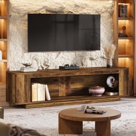 Tibesigns 70.9" Farmhouse TV Stand with LED Light Strip, Entertainment Center for TVs up to 80 Inches, Long Media Console for Living Room,Rustic Brown