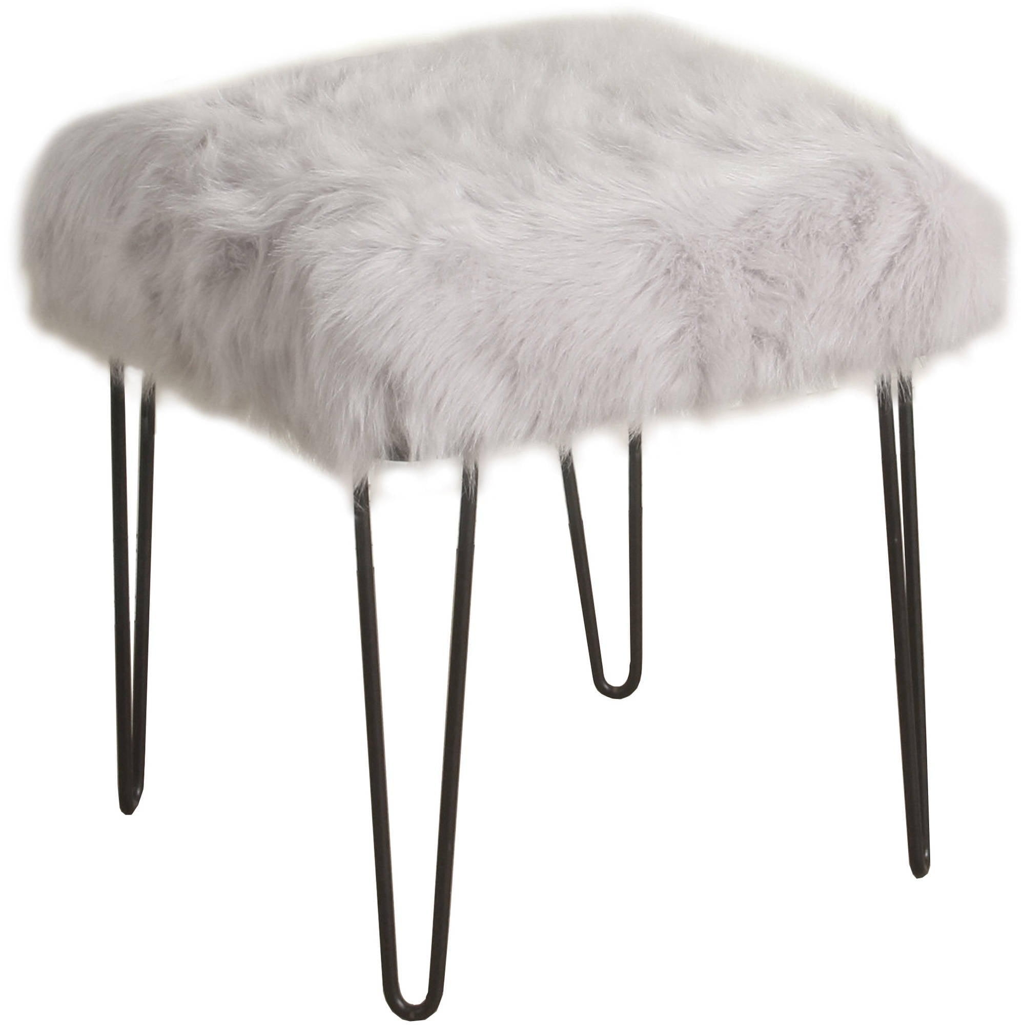 HomePop Faux Fur Metal Ottoman with Hairpin Legs, Gray