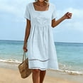 thumbnail image 3 of Josdec Women's Square Neck Short Sleeve Babydoll Midi Dresses Eyelet Hollow Hem Solid Color 100% Cotton Casual Dress for Daily Wear in Spring Summer S-3XL, 3 of 7
