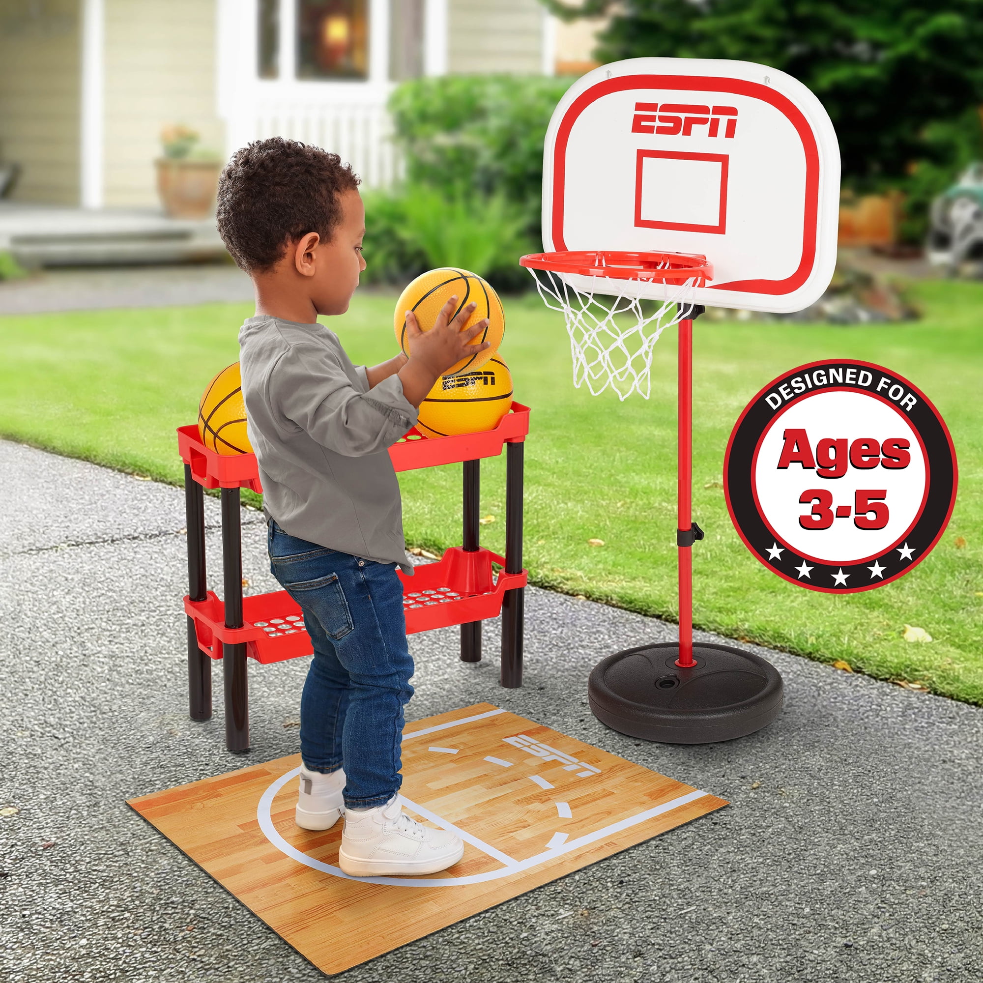 ESPN My First Free Throw Toddler Basketball Court, Includes 3 Mini Basketballs, Ball Rack, Play Mat