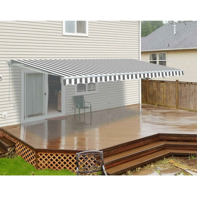ALEKO Retractable Motorized Patio Awning 6.5x5 ft, Gray and White Striped Color