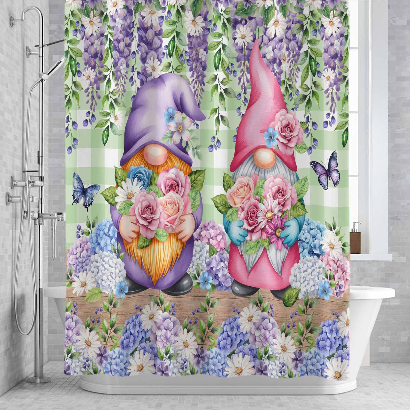 Spring Gnomes Shower Curtain for Bathroom, Watercolor Purple Blue White Floral Leaf Green Plaid Wood Grain Waterproof Cloth Fabric Bathroom Accessories Set with 12 Rust Proof Plastic Hooks, 72"x72"