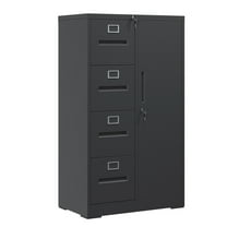 Metal Filing Cabinet with Lock, 4 Drawers & Wardrobe - Black Steel File Cabinet for Home Office, School, Bedroom Freestanding
