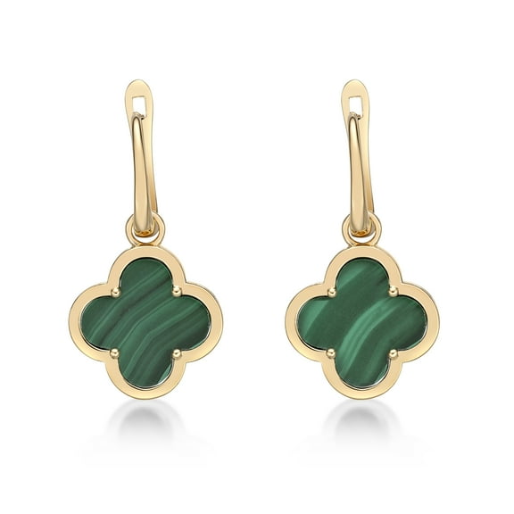 Malachite Flower Drop Earrings for Women in 925 Sterling Silver with Yellow Gold Plating Hinge Post by Lavari Jewelers