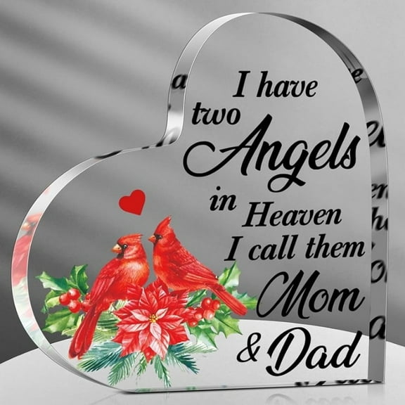 Heart-Shaped Memorial Figurine - Engraved "In Heaven I Have Two Angels" Sympathy Gift With Red Cardinals & Poinsettias, Acrylic Indoor/Outdoor Christmas Decor For Loss Of Mom Dad Son Husband