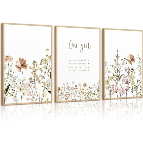 FCCUYE Wildflower Nursery Wall Art Pink Watercolor Floral Painting Baby Girl Nursery Canvas Wall Decor Vintage Botanical Flower Picture Boho Wildflower Prints for Bedroom 12x16x3 Inch Unframed