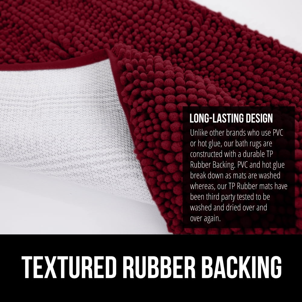 GORILLA GRIP Chenille Bath Rug 30x20, Rubber Backing Quick Dry Washable Microfiber Mats, Burgundy