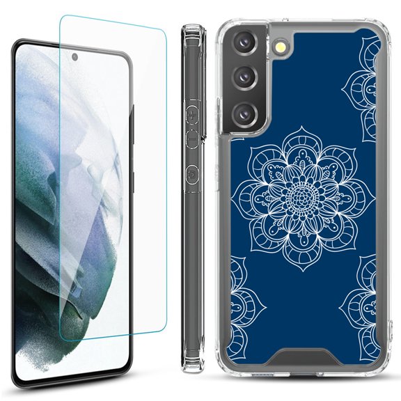 Shockproof Bumper Phone Case for Samsung Galaxy S22  / S22 Plus 5G, with Tempered Glass Screen Protector, by OneToughShield ® - Mandala / Blue