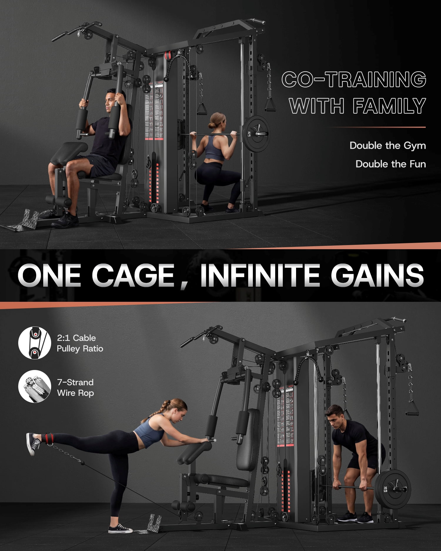 Dual-Station Smith Machine Home Gym, 140LB Weight Stack with LAT Pull-Down & Leg Press, All-in-One Workout Station for Couples & Family Strength Training