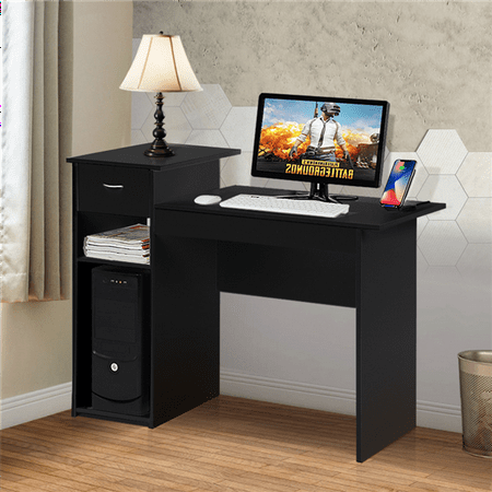Yaheetech Small Spaces Home Office Black Computer Desk with Drawers and 2 Tier Storage Shelves