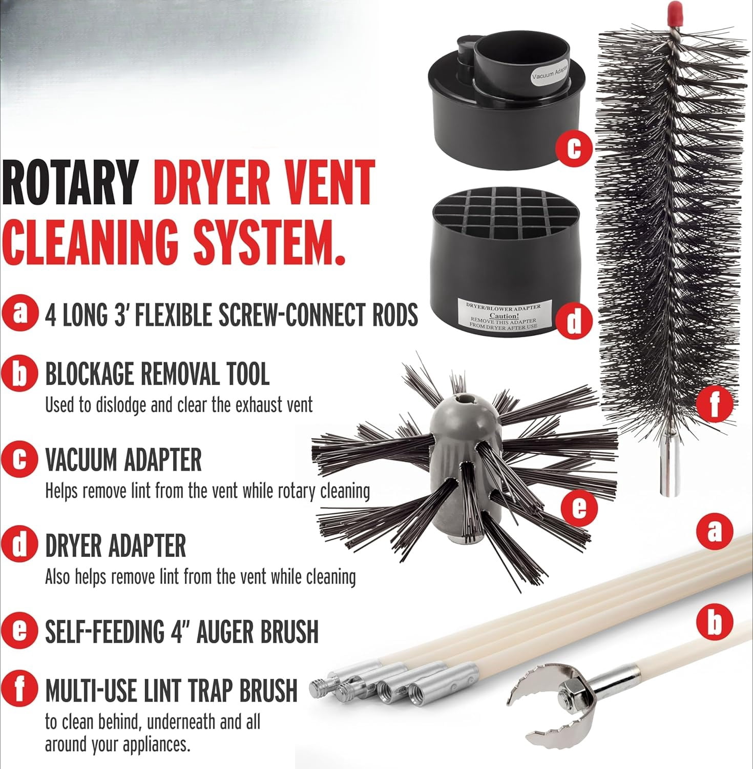 Dryer Vent Duct Cleaning Kit -  RLE202 LintEater Rotary Dryer Vent Cleaner Kit, Removes Lint, Dryer Vent Cleaning System Extends Up to 12’ with 4 Flexible 3' Rods, Air Duct Cleaning Tools