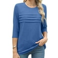 thumbnail image 2 of Wiueurtly Elbow Sleeve Tops Women Summer for Trendy 2025 Causal 3/4 Length Tunic Shirts Loose Comfy Solid Crewneck Blouses Crew Neck T Shirts Blue, 2 of 8