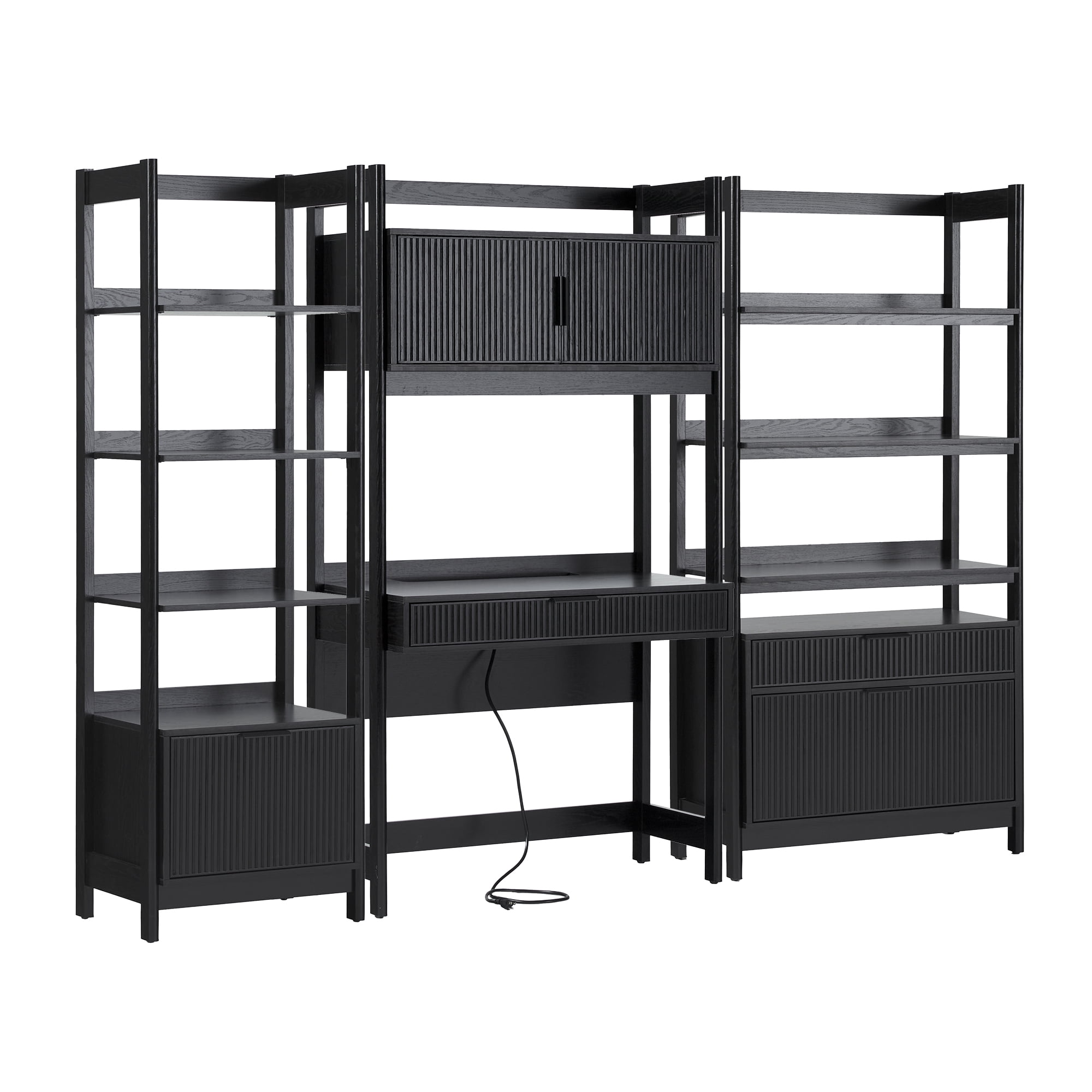 Holmes Hutch Desk with Narrow and Wide Bookcase - Black