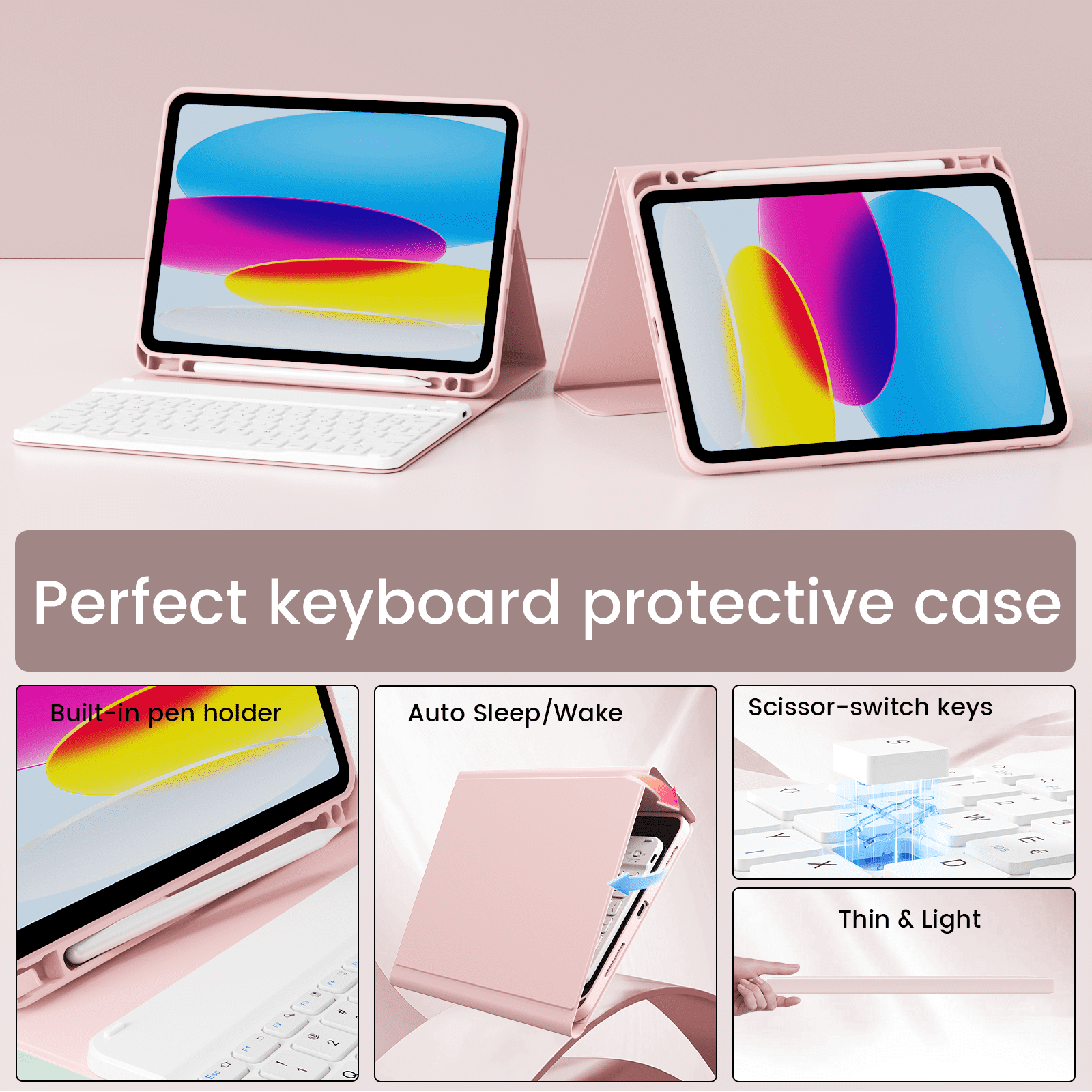 SZPSGC for iPad A16 11th 10th Generation Case with Keyboard, Soft TPU Back Cover with Pencil Holder, Magnetically Detachable Folio Keyboard case for iPad 11th Gen 11 Inch/10th Gen 10.9 Inch,Pink