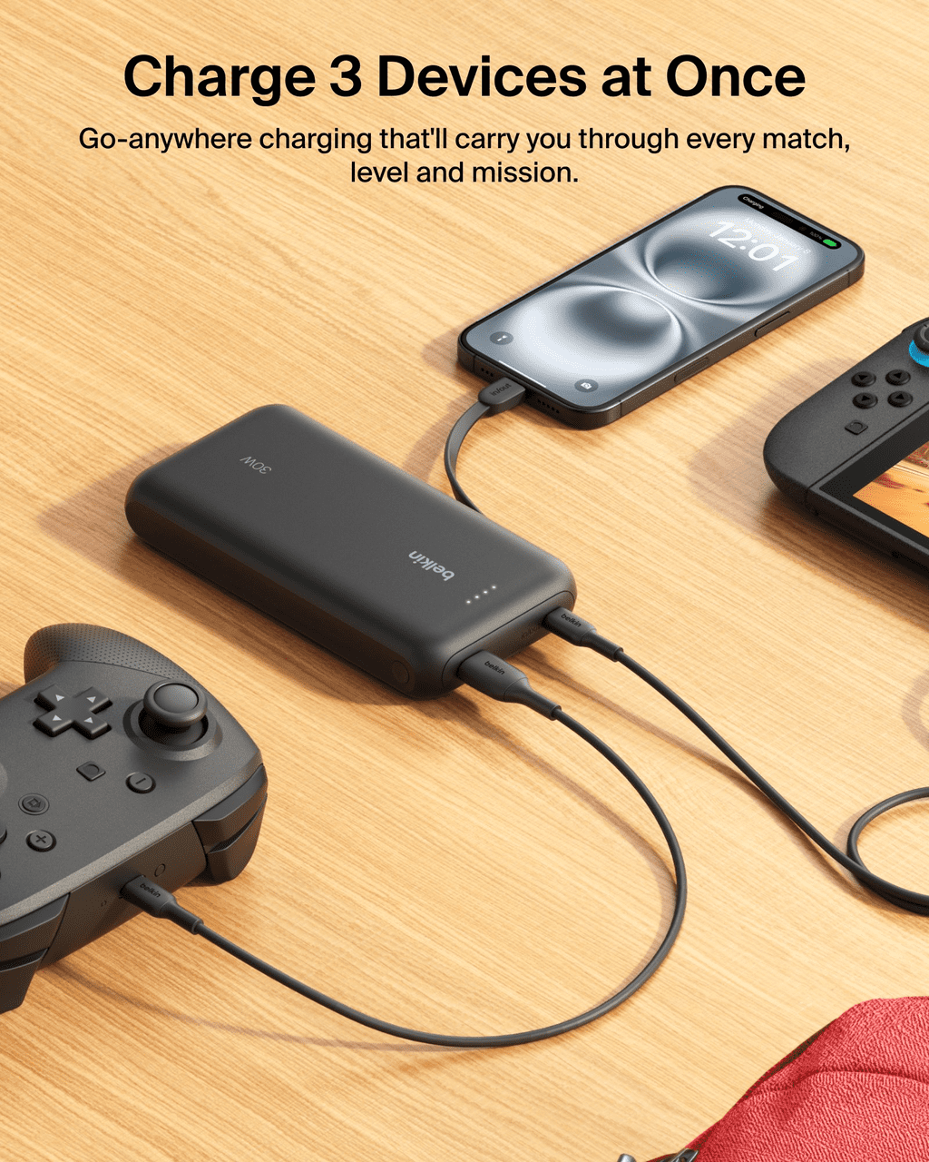 Belkin Gaming Portable Charger, Power Bank 30W w/ Integrated USB C Cable 20,000mAh - Fast Charging USB C PD, Portable Charger for Nintendo Switch 2, iPhone 16, iPad Pro, Galaxy S25, & More - Black