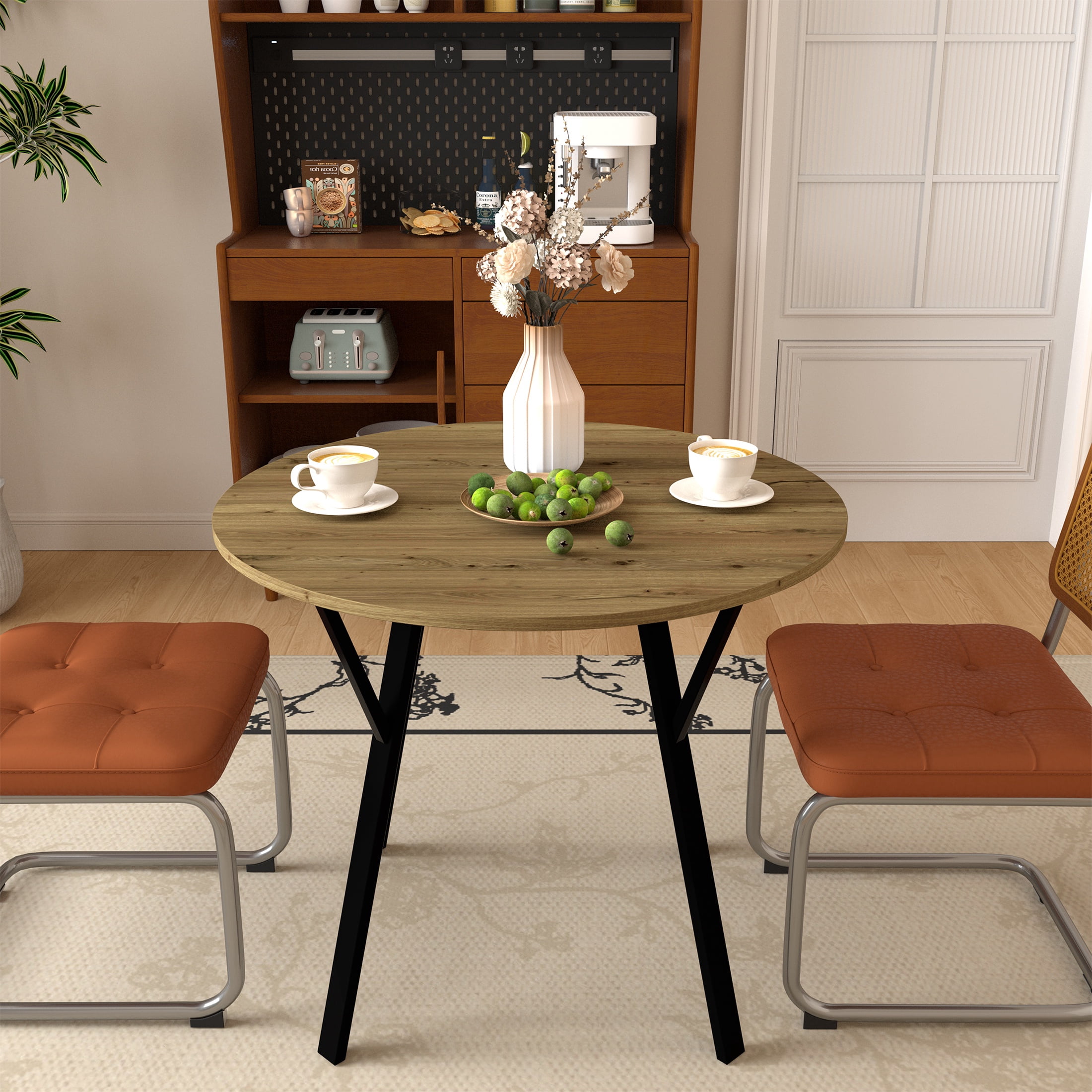 PORKISS Round Dining Table for 4, Small Circle Kitchen Table with Metal Black Legs for Kitchen Living Room (Only Table), 35.43" Table, Rustic Brown