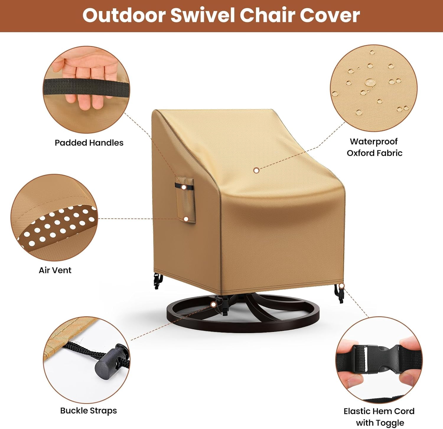 Outdoor Swivel Lounge Chair Cover Waterproof, 2 Pack Heavy Duty Patio Rocking Chair Covers for Outdoor Furniture, 33" W×37" D×38.5" H, Brown