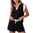 thumbnail image 5 of Dazajoo 2 Piece Lounge Sets for Women Notched V Neck Ruffle Cap Sleeve Tops and Shorts Summer Beach Vacation Matching Set,Black,M, 5 of 9