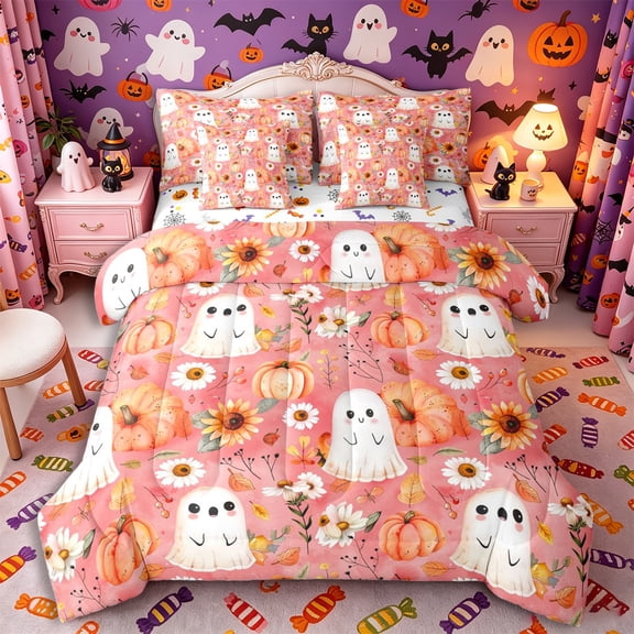 Manfei Cartoon Watercolor Ghost Pumpkin 7-Piece Twin Bedding, Halloween Fall Sunflower Daisy Bedding Comforter Set, Pink Orange White,Reversible