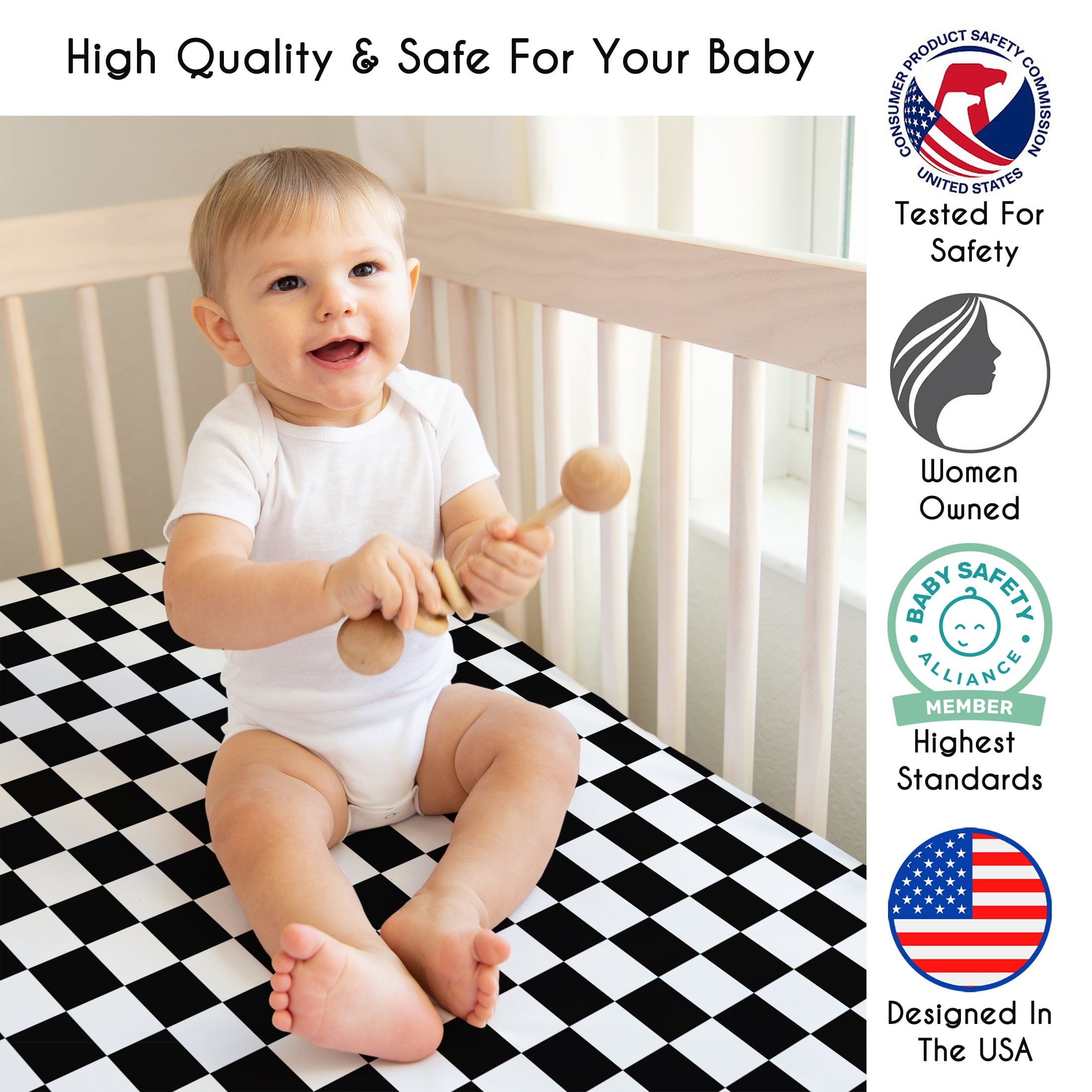 Sweet Jojo Designs Black and White Gingham Checkered Plaid Boy, Girl, Unisex/Gender Neutral Mini Fitted Crib Sheet