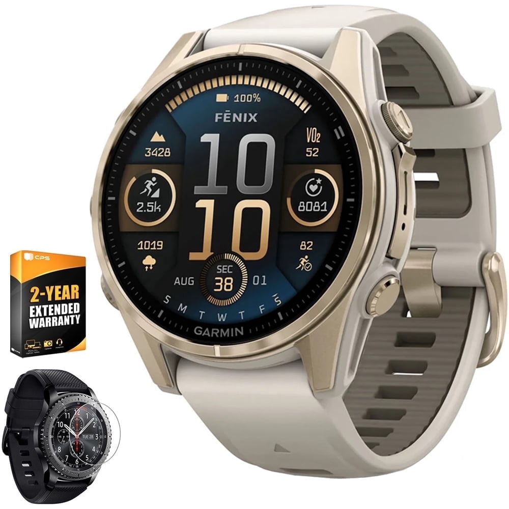Garmin 010-02903-10 Fenix 8 43 mm, AMOLED, Sapphire, Soft Gold with Fog Gray Sandstone Silicone Band Bundle with 2 YR CPS Enhanced Protection Pack & Round Tempered Glass Screen Protector