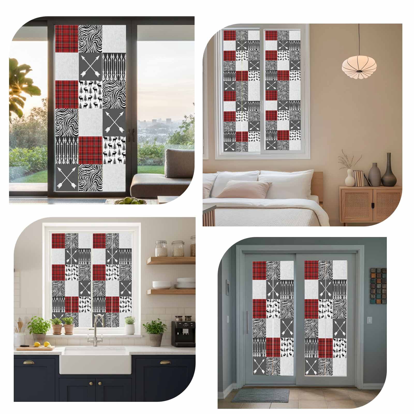 Arrows Zebra Stripes Window Privacy Film, Forest Deer Red Black Buffalo Plaid Frosted Glass Window Clings Static Cling UV Heat Blocking Reusable Door Sticker for Bathroom 29.5 x 118 Inch