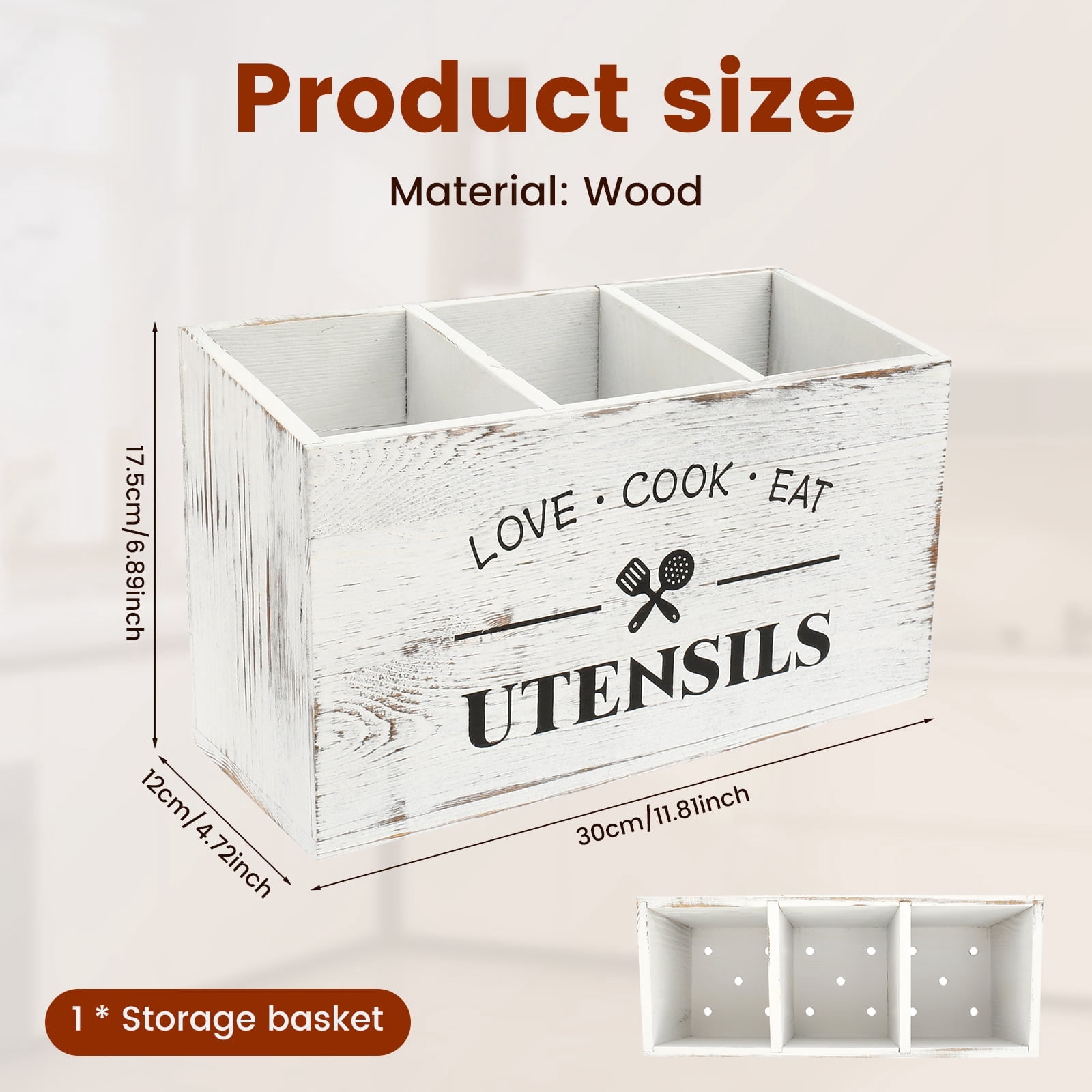 Wooden Kitchen Utensil Holder with 3 Compartments, Utensil Storage Organizer, Rustic Cooking Tools Storage for Kitchen Counter, Farmhouse Decoration