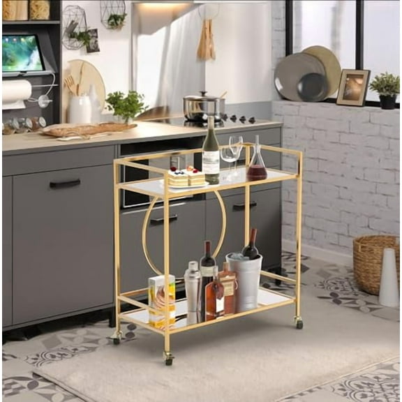 RiteSune Gold Bar Cart, Modern Wine Cart with Wheels, Home Bar Serving Carts with 2 Tier Mirrored Shelves, Wine Bar Carts for The Home, Dining Room, Kitchen