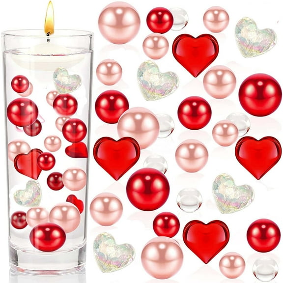 Clearance Under $5!Yyuenw Valentine's Day Vase Filler Decoration Red Pink Heart Pearls Bowl Mini Acrylic Love Hearts Beads Floating Candles Centerpiece for Valentine Festival Wedding Home Party Decor