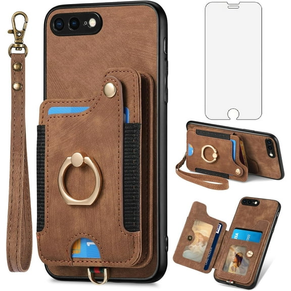 Phone Case for iPhone 7plus 8plus 7/8 Plus Wallet Cover with Screen Protector and Wrist Strap Lanyard RFID Card Holder Ring Stand Cell Accessories i Phone7s 7s 7 8s 8 Phones8 7p 8p Women Men Brown